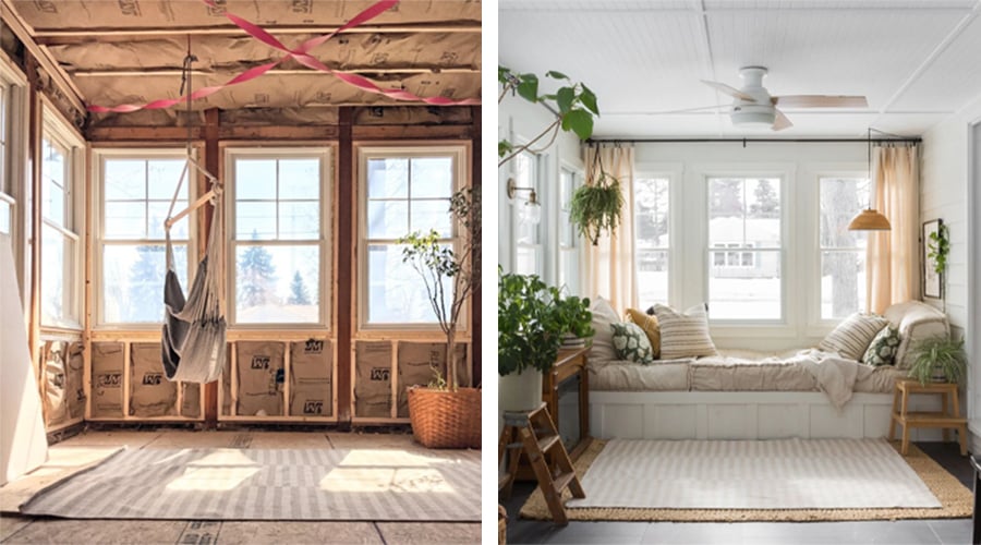 A before image showing a three-season porch under construction and an after image of the porch with new windows, walls, and ceilings.