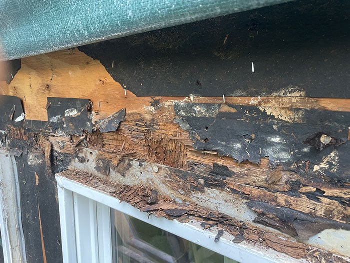 the top of a rotted out window that suffered from severe water damage related to poor window installation.