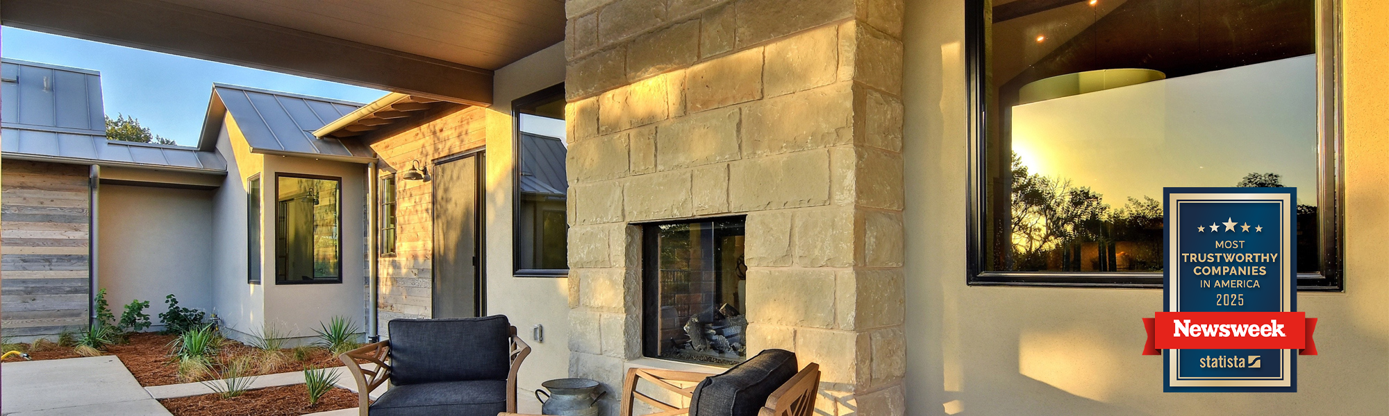 Beautiful patio in Texas with fireplace and landscape