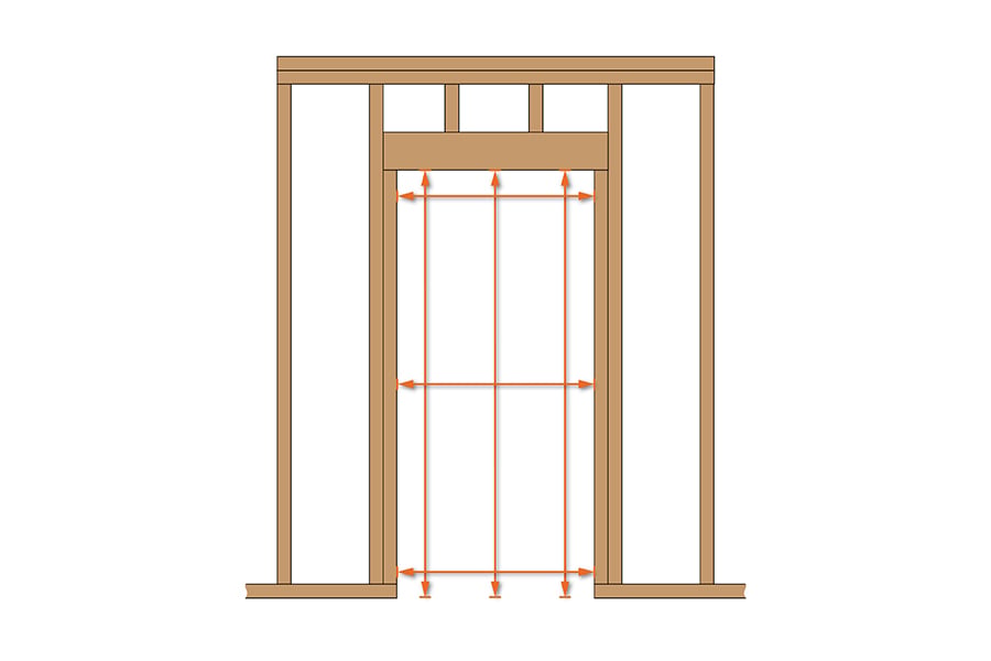 An illustration showing a framed-out wall with rough opening for door and lines indicating where to measure the rough opening for height and width when trying to determine the correct door size.