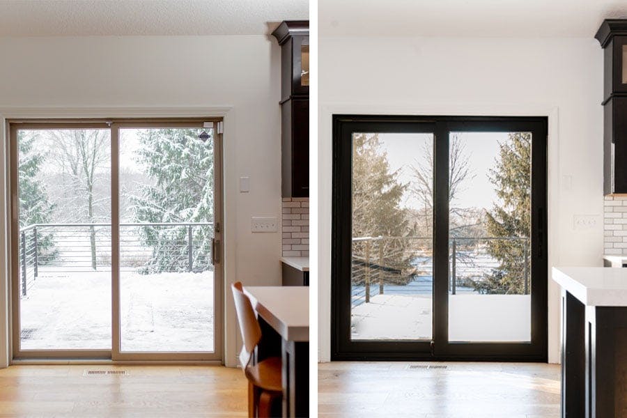 A before picture shows the old beige sliding glass door, and an after picture shows the new, sleek, black-framed patio door.