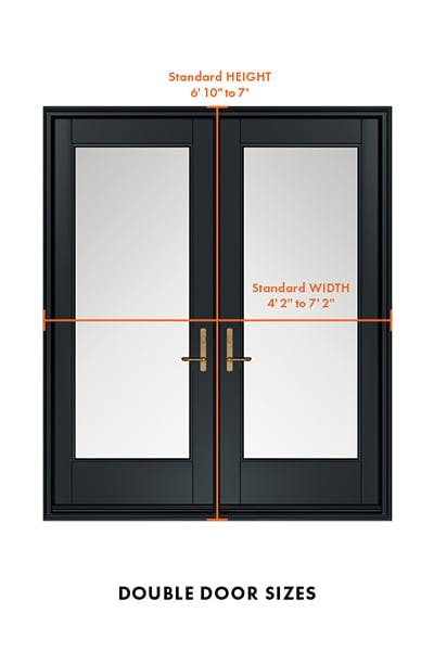 A diagram showing a double front door with two full glass panels, black frames, and brass hardware. Overlaid on the image are the size ranges for double front doors: width from 4’ 2” to 7’ 2” and height from 6’ 10” to 7’.