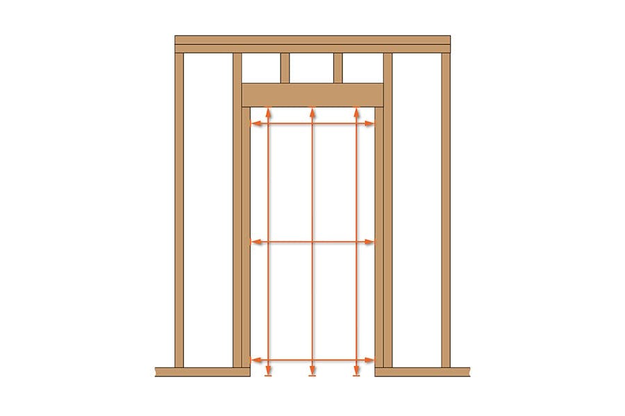An illustration showing a framed-out wall with rough opening for door and lines indicating where to measure the rough opening for height and width when trying to determine the correct door size.