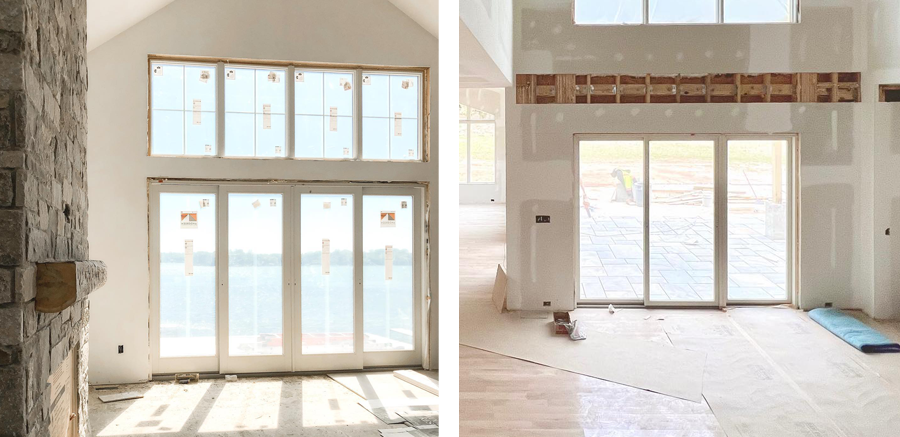 Two under-construction homes featuring sliding glass doors.
