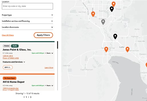 Snapshot of Andersen's Where to buy tool